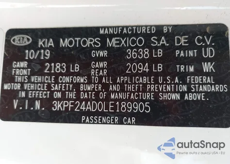2020 Kia Forte Fe z USA, uszkodzony, nr VIN 3KPF24AD0LE189905
